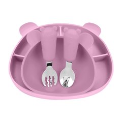 Силіконовий набір дитячого посуду Ведмеді з кришкою та металевими приборами Dusty pink