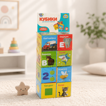 Кубики для купання, M 5465 UA, 8 шт, 7см, букви-слова (укр.,англ.), цифри