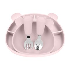 Силіконовий набір дитячого посуду Ведмеді з кришкою та металевими приборами Cream pink