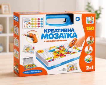 Мозаїка 2в1, M 5589, на шурупах, шуруповерт, 150дет, на бат-ці, в чемодані