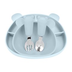Силіконовий набір дитячого посуду Ведмеді з кришкою та металевими приборами New baby blue