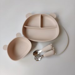 Силіконовий набір дитячого посуду Ведмеді з кришкою та металевими приборами Almond